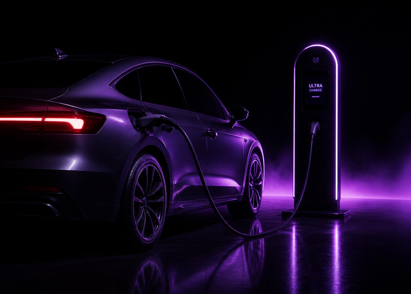 Elektromos autó töltőoszlopnál, lila neon megvilágításban